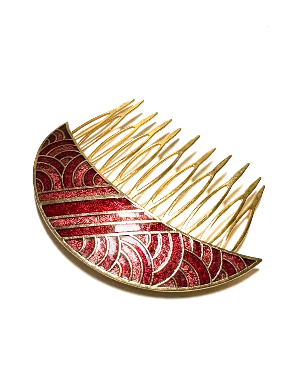 Vintage Cloisonné Enamel Red + Gold Wave Pattern Crescent Moon French Side Comb